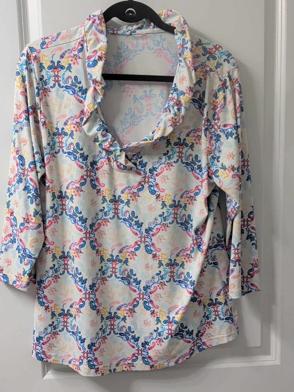 Lulu-B White Tunic Top with Blue, Pink & Yellow Paisley Print